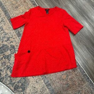 Ali Miles red Tunic Top Shirt Blouse Womens Asymmetrical Hem Stretch Pocket